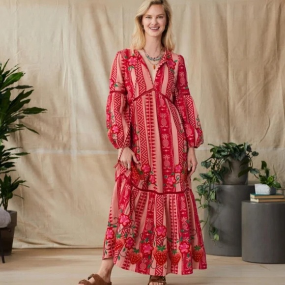 Farm Rio Red/Pink Embroidered Strawberry Pineapple Jacquard Dress Medium NWT! - Picture 1 of 16
